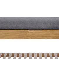Mindy Shoe Storage Bench, Gray Polyester Seat, Walnut Brown Bamboo, 36 Inch - BM319884