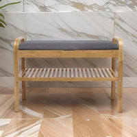 Mindy Shoe Storage Bench, Gray Polyester Seat, Walnut Brown Bamboo, 36 Inch - BM319884