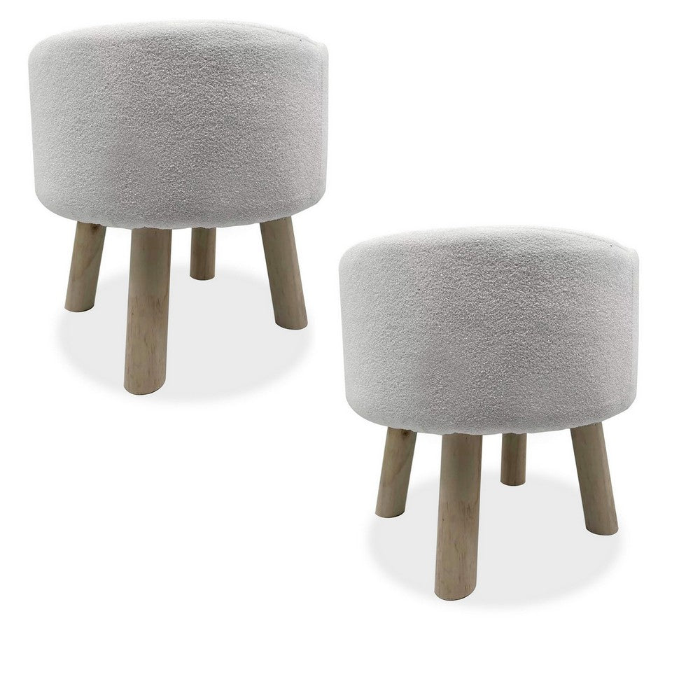 Ginni Footstool Ottoman Set of 2, White Polyester, Soft Seat, Wood Legs - BM319888