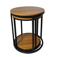Molly Nesting Table Set of 2, Round Brown Solid Wood Top, Black Metal Frame - BM319892