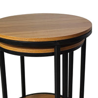 Molly Nesting Table Set of 2, Round Brown Solid Wood Top, Black Metal Frame - BM319892