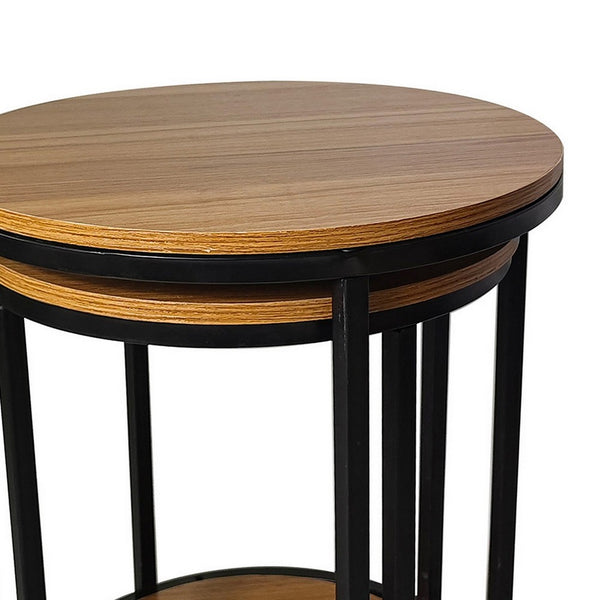 Molly Nesting Table Set of 2, Round Brown Solid Wood Top, Black Metal Frame - BM319892