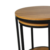 Molly Nesting Table Set of 2, Round Brown Solid Wood Top, Black Metal Frame - BM319892