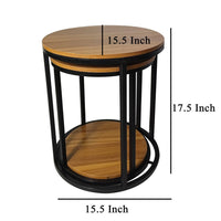 Molly Nesting Table Set of 2, Round Brown Solid Wood Top, Black Metal Frame - BM319892