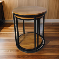 Molly Nesting Table Set of 2, Round Brown Solid Wood Top, Black Metal Frame - BM319892