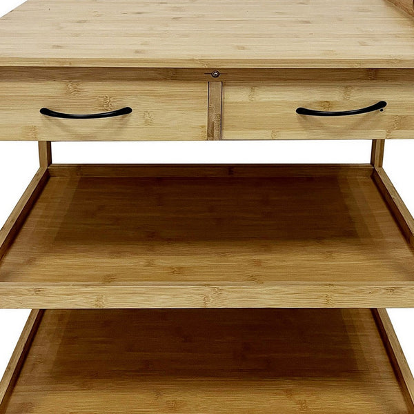 Walter Kitchen Bar Cart, 2 Drawers, 2 Shelves, Brown Bamboo, Rolling Wheels - BM319894