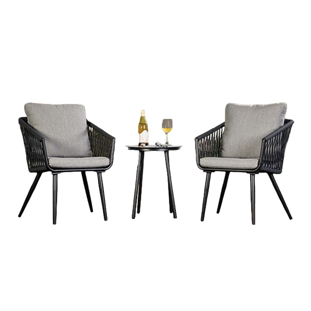 Shami 3pc Outdoor Table Set with 2 Chairs, Light Gray Fabric, Black Metal - BM319895