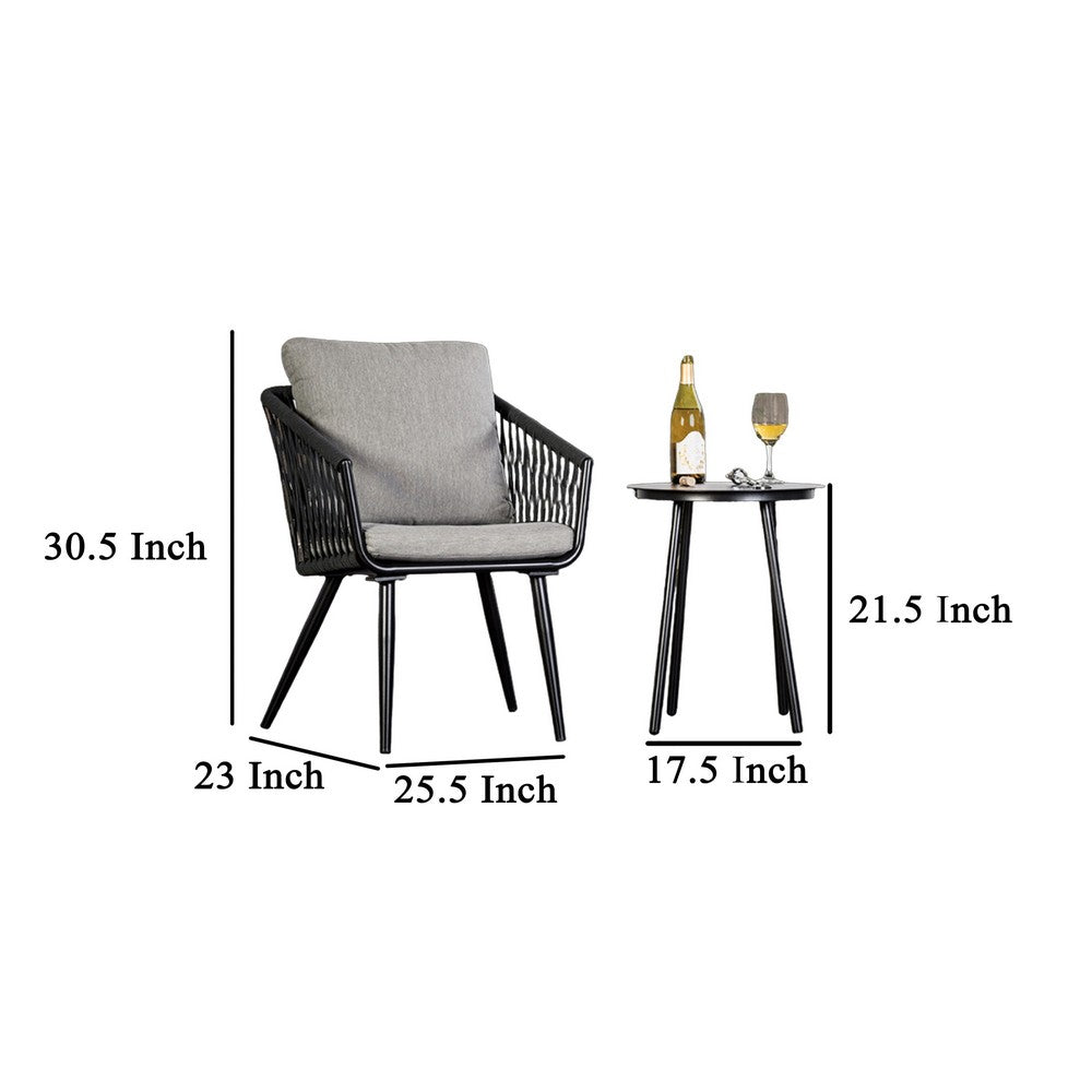 Shami 3pc Outdoor Table Set with 2 Chairs, Light Gray Fabric, Black Metal - BM319895
