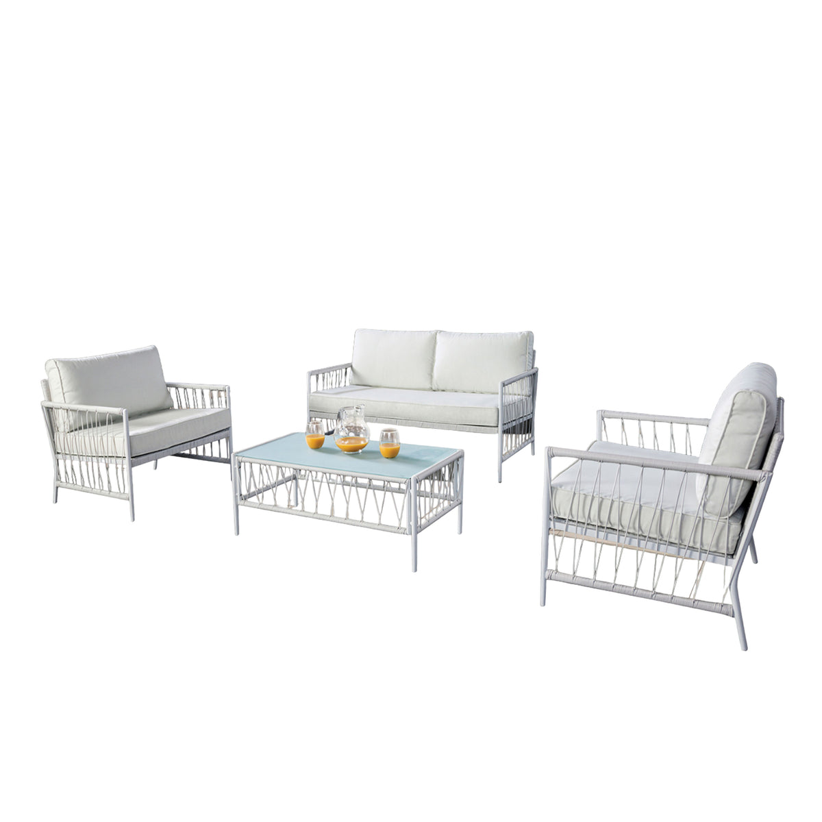 Hema 4 Piece Patio Set with 2 Chairs, Table, and Sofa, White Fabric, Metal  - BM319897