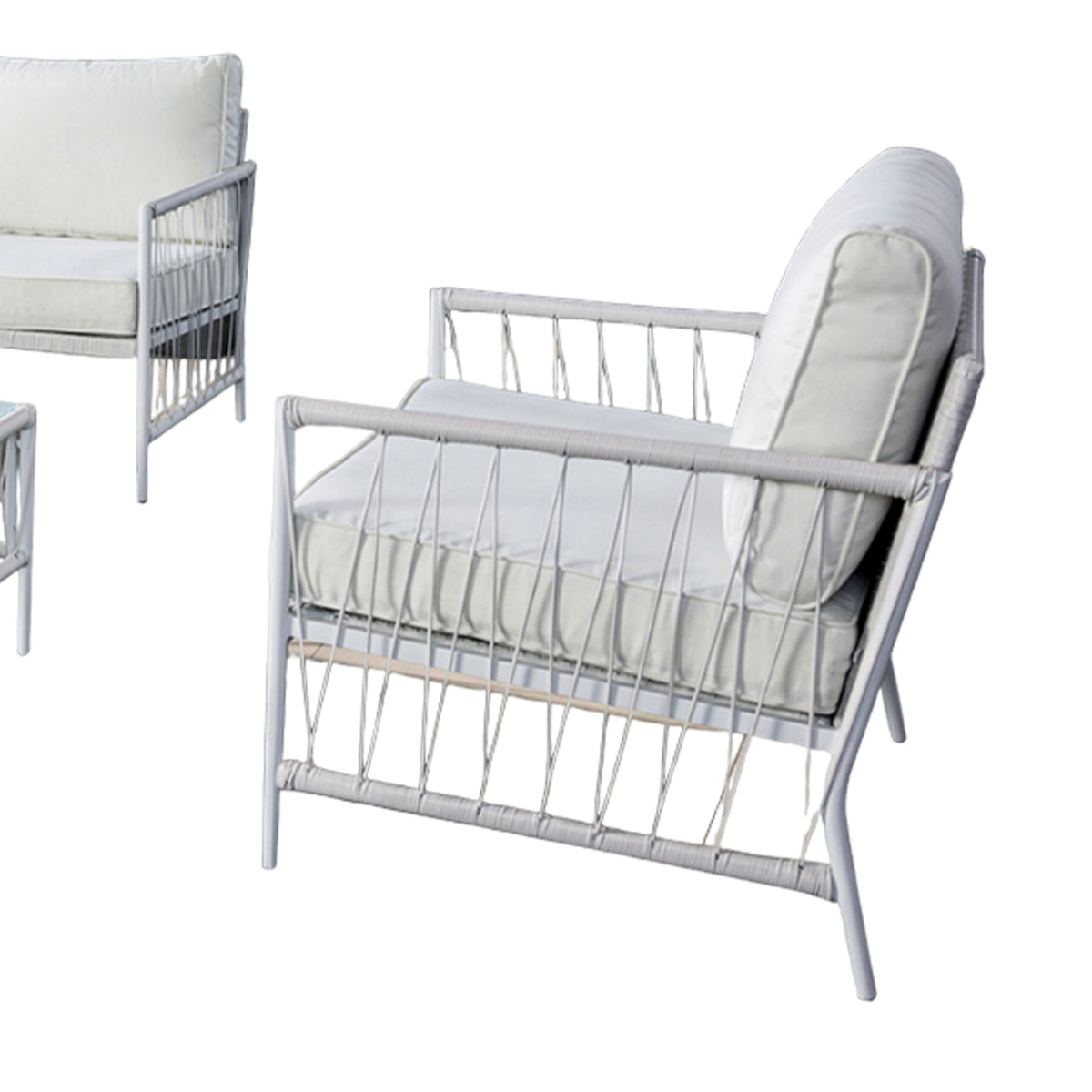 Hema 4 Piece Patio Set with 2 Chairs, Table, and Sofa, White Fabric, Metal  - BM319897