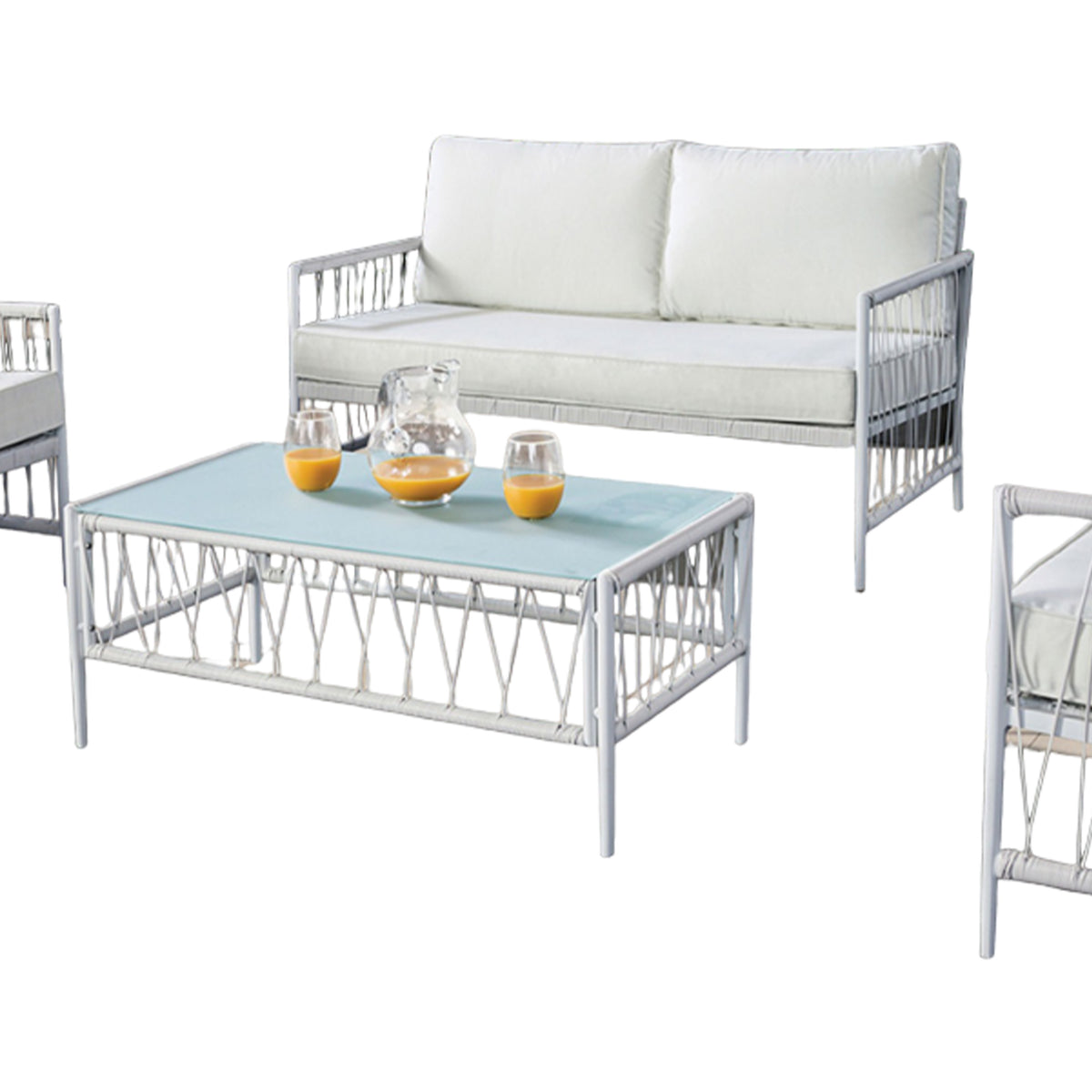 Hema 4 Piece Patio Set with 2 Chairs, Table, and Sofa, White Fabric, Metal  - BM319897