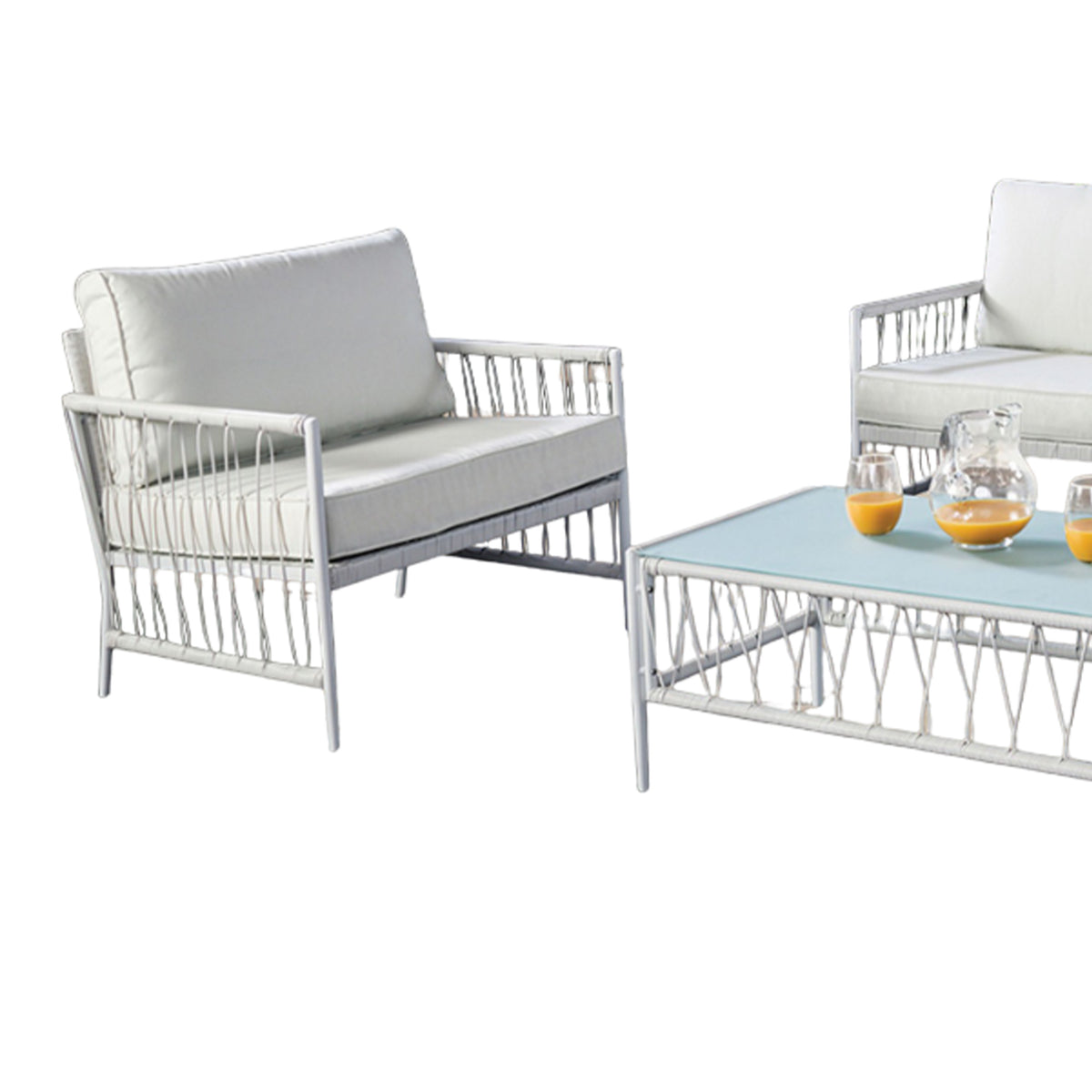 Hema 4 Piece Patio Set with 2 Chairs, Table, and Sofa, White Fabric, Metal  - BM319897