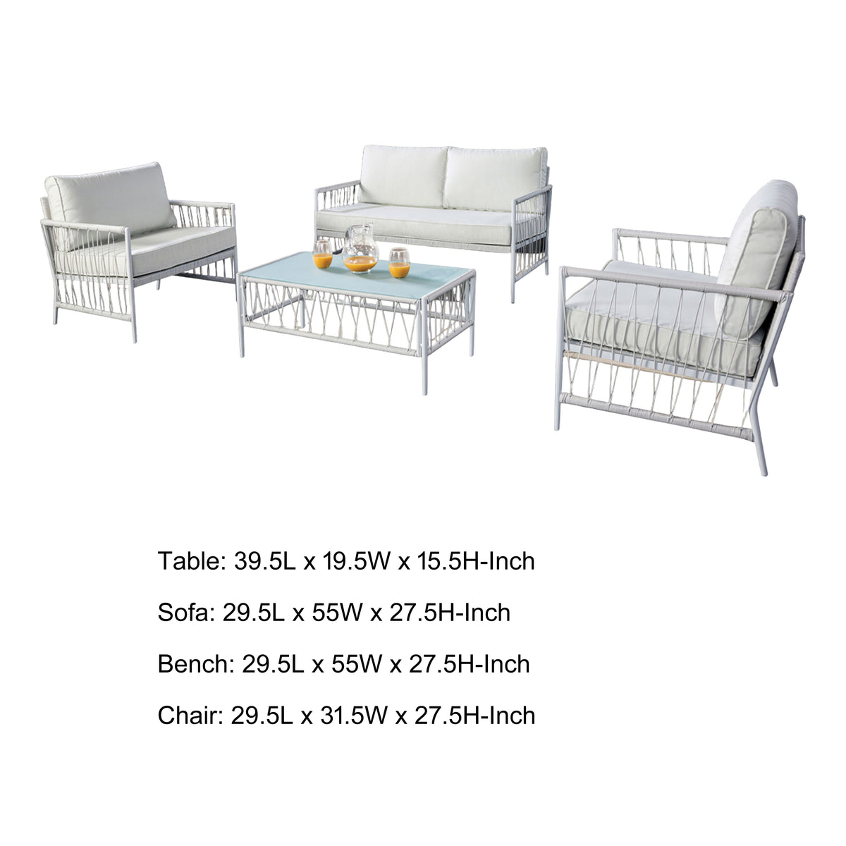 Hema 4 Piece Patio Set with 2 Chairs, Table, and Sofa, White Fabric, Metal  - BM319897