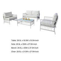 Hema 4 Piece Patio Set with 2 Chairs, Table, and Sofa, White Fabric, Metal  - BM319897