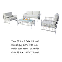 Hema 4 Piece Patio Set with 2 Chairs, Table, and Sofa, White Fabric, Metal  - BM319897
