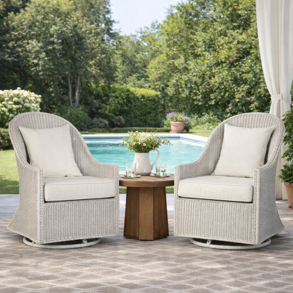 Tomo Outdoor Swivel Chair, Wingback Design, White Fabric, Wicker Rattan - BM319898