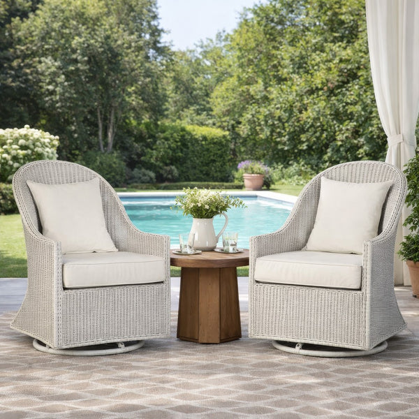 Tomo Outdoor Swivel Chair, Wingback Design, White Fabric, Wicker Rattan - BM319898