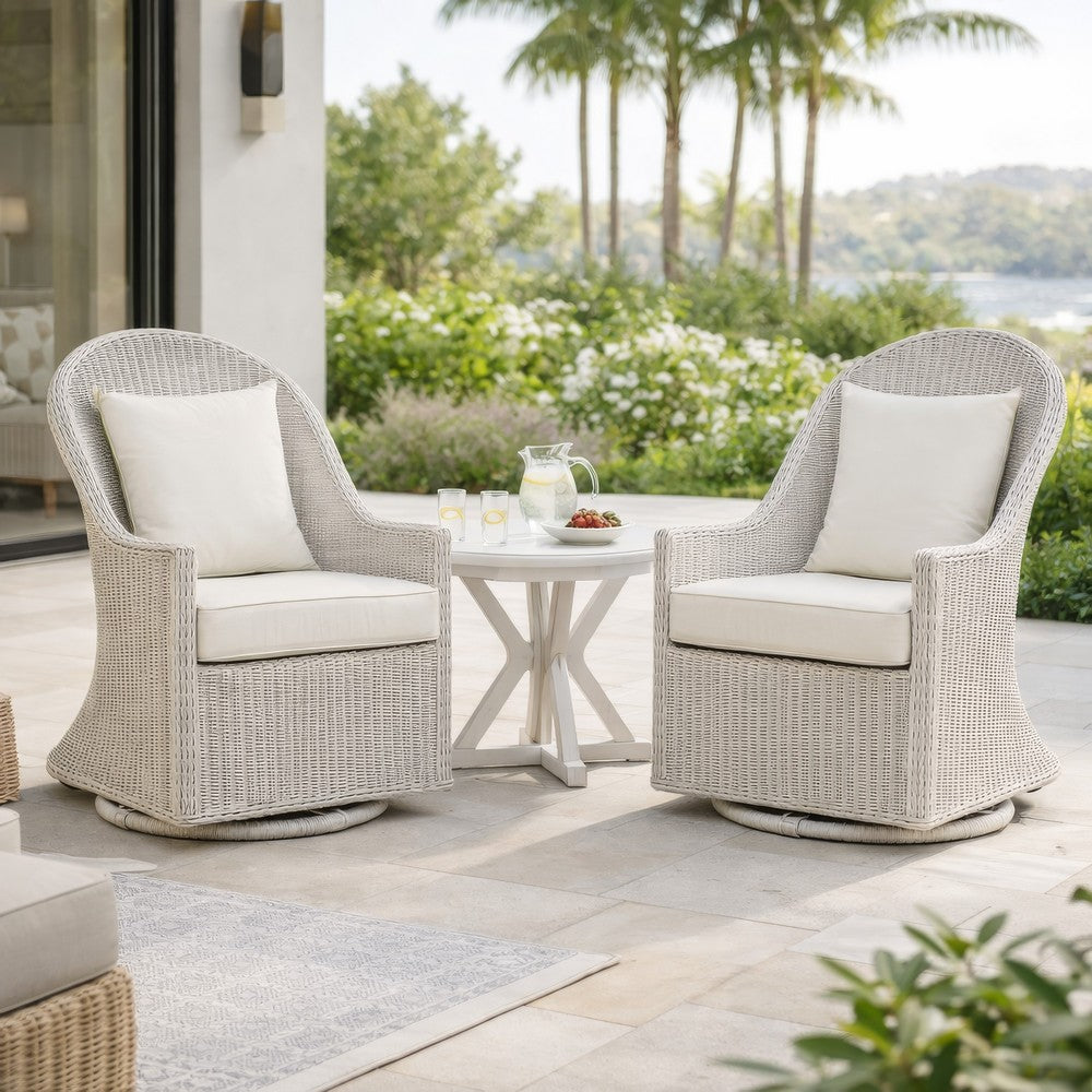 Tomo Outdoor Swivel Chair, Wingback Design, White Fabric, Wicker Rattan - BM319898