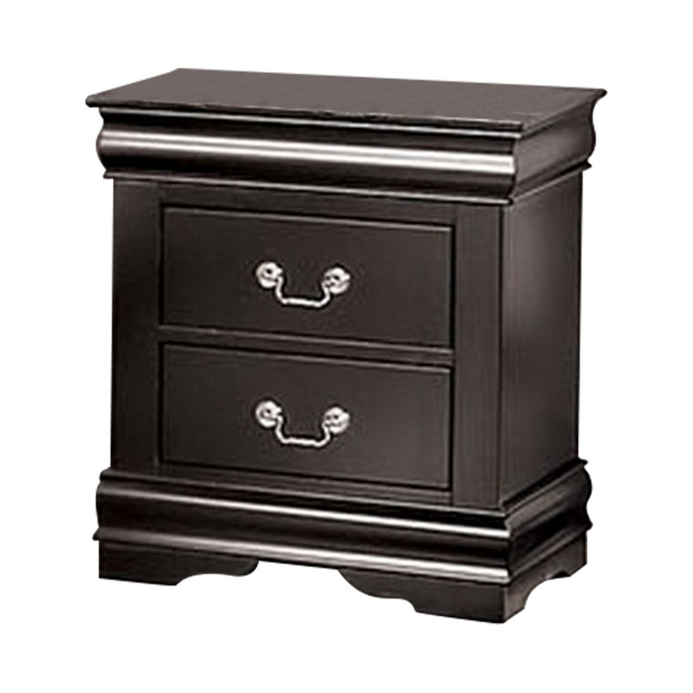 Ryla Nightstand, 2 Drawers, Black Solid Wood, Nickel Metal Drop Handles - BM319899