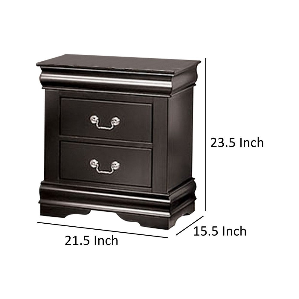 Ryla Nightstand, 2 Drawers, Black Solid Wood, Nickel Metal Drop Handles - BM319899