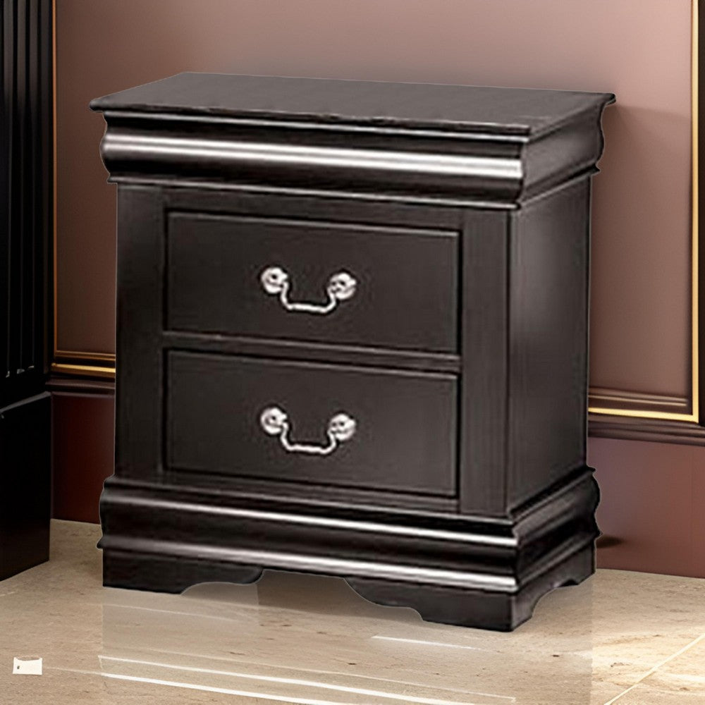 Ryla Nightstand, 2 Drawers, Black Solid Wood, Nickel Metal Drop Handles - BM319899