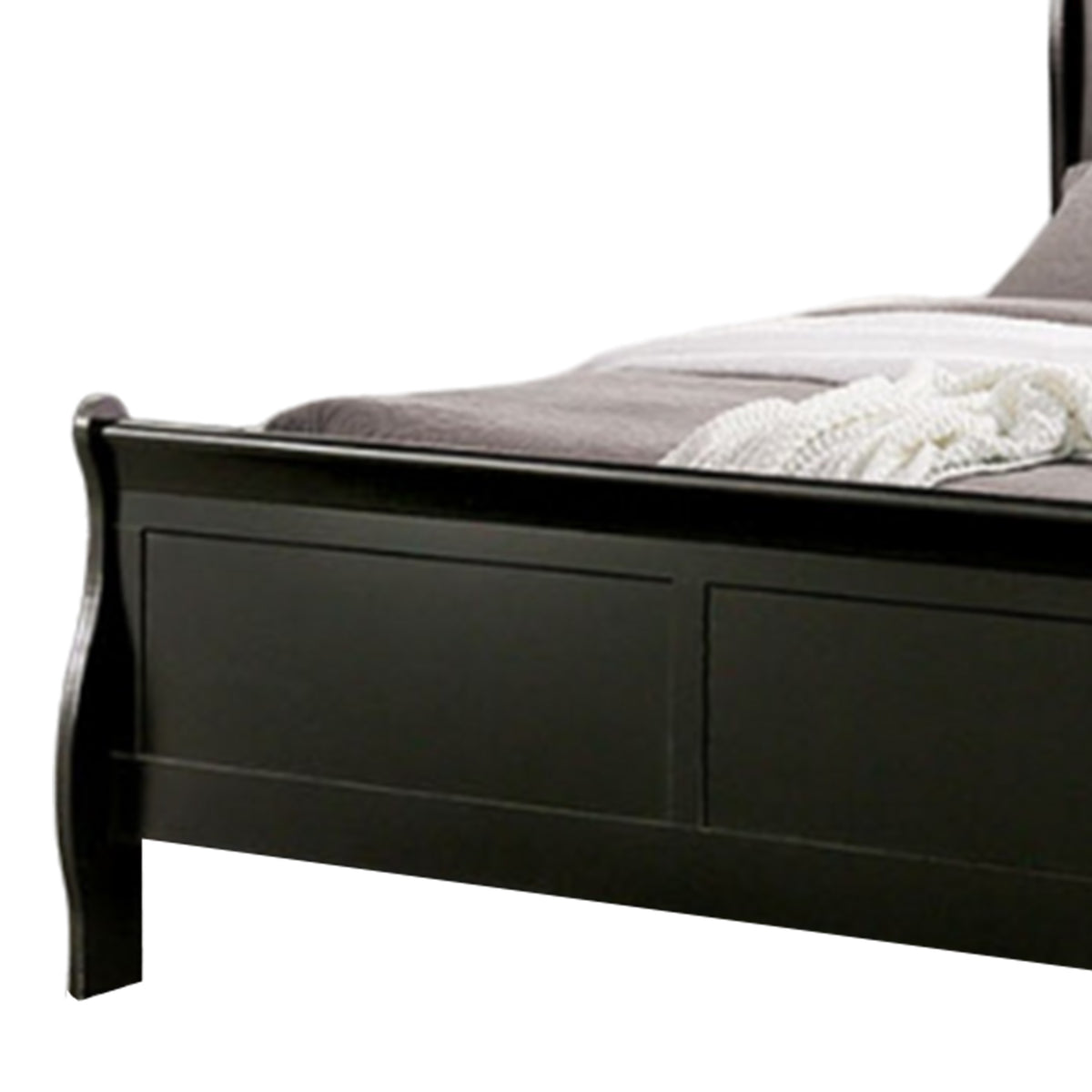 Ryla Queen Size Bed, Classic Sleigh Panel Headboard, Black Solid Wood