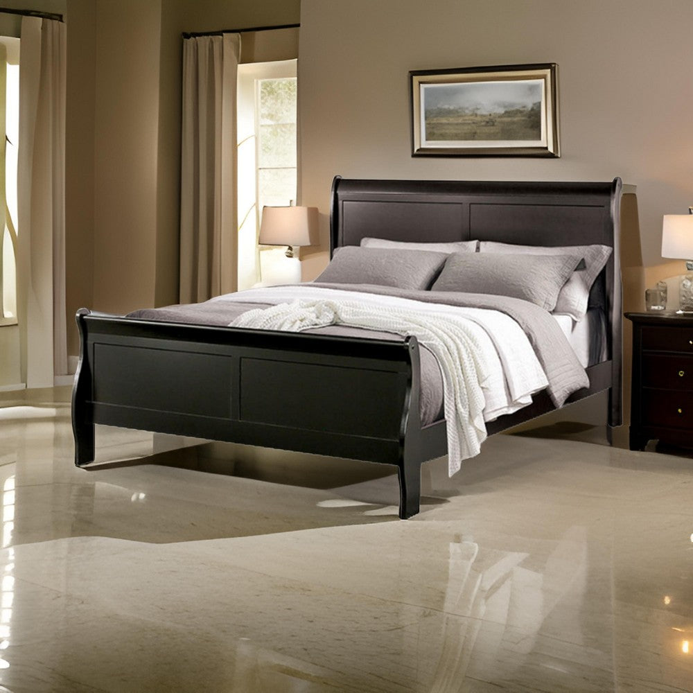 Ryla Twin Size Bed, Classic Sleigh Panel Headboard, Black Solid Wood - BM319901