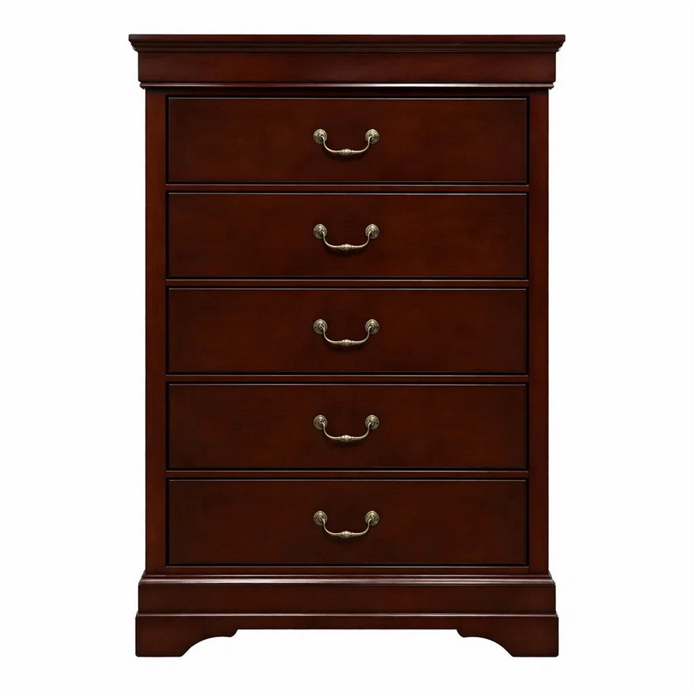 Ryla Tall Dresser Chest, 5 Drawers, Metal Handles, Cherry Brown Solid Wood
