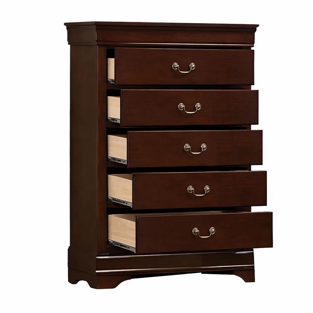 Ryla Tall Dresser Chest, 5 Drawers, Metal Handles, Cherry Brown Solid Wood