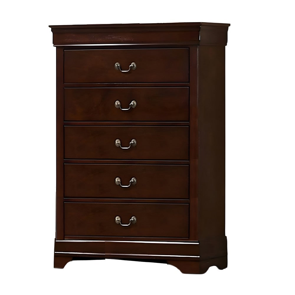 Ryla Tall Dresser Chest, 5 Drawers, Metal Handles, Cherry Brown Solid Wood