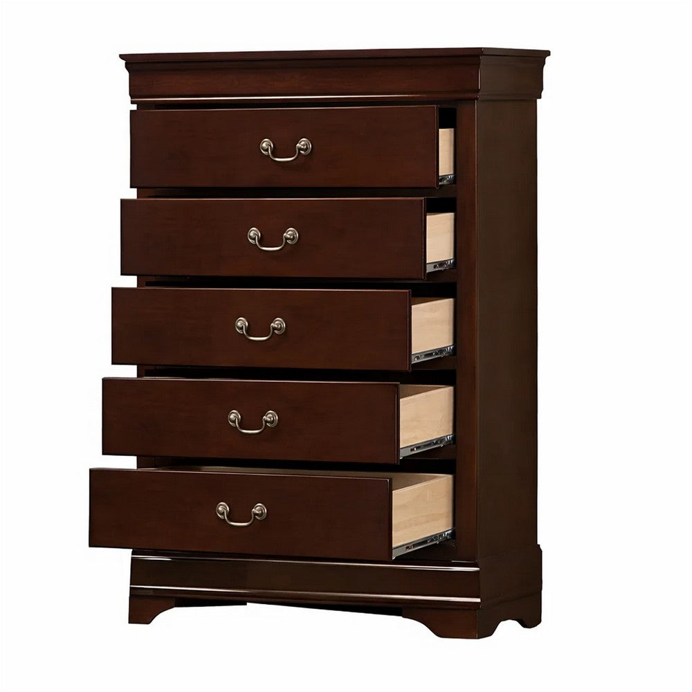 Ryla Tall Dresser Chest, 5 Drawers, Metal Handles, Cherry Brown Solid Wood