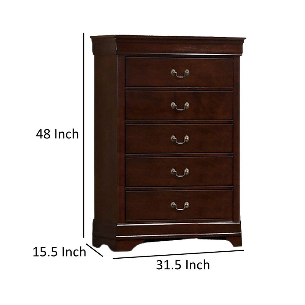 Ryla Tall Dresser Chest, 5 Drawers, Metal Handles, Cherry Brown Solid Wood
