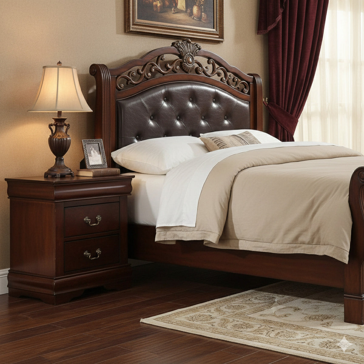 Ryla Nightstand, 2 Drawers, Cherry Brown Solid Wood, Bronze Drop Handles  - BM319904