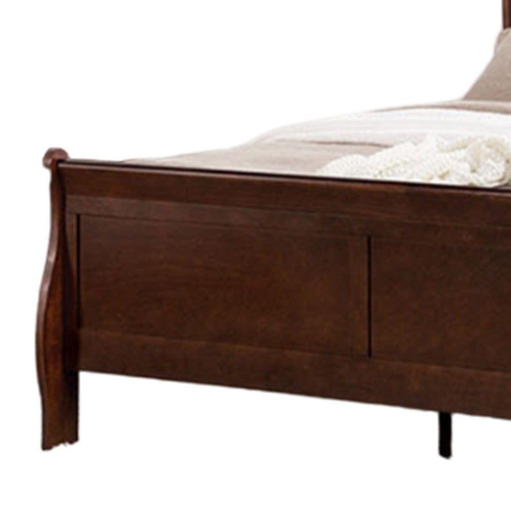 Ryla Queen Size Bed, Sleigh Panel Headboard, Dark Cherry Brown Solid Wood - BM319906