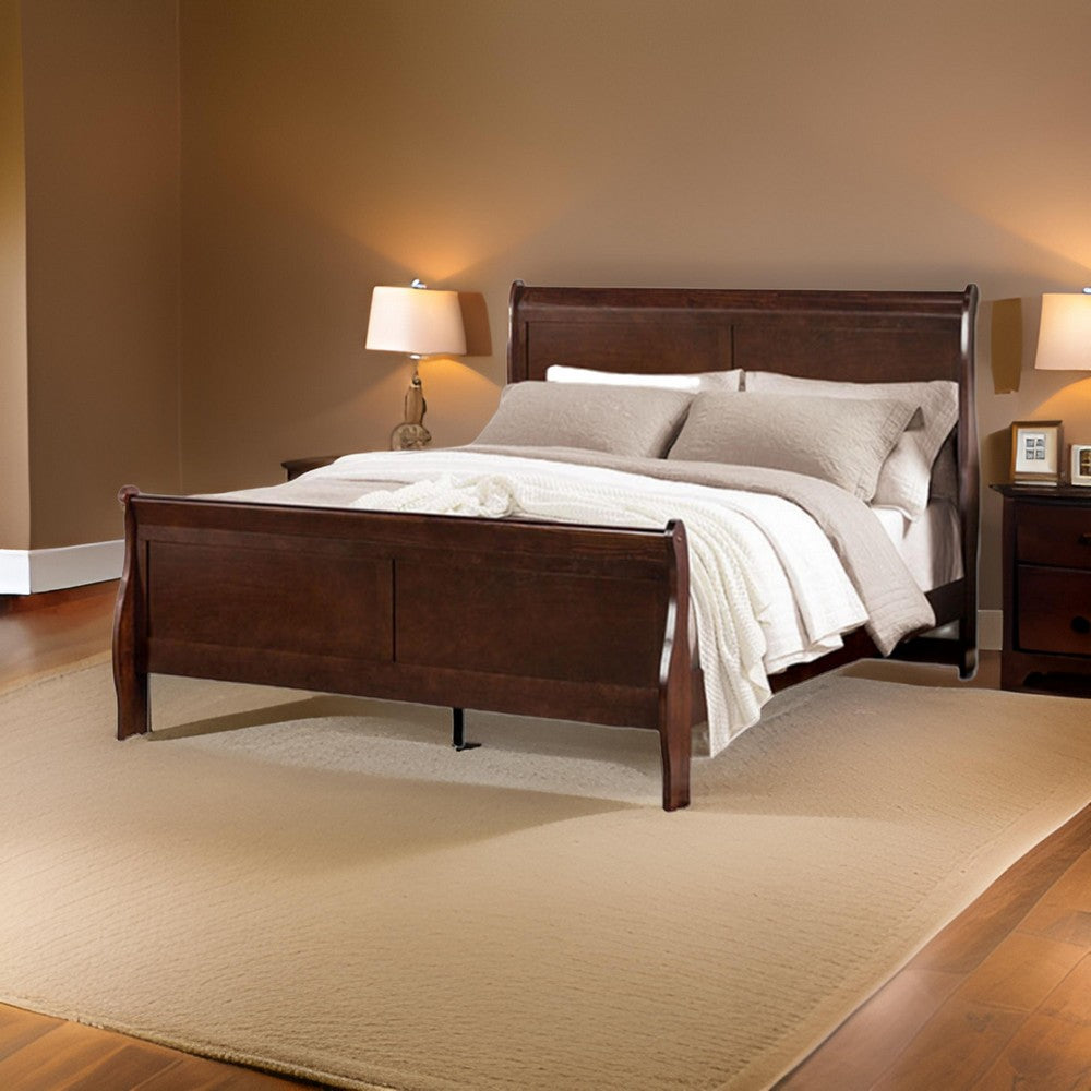 Ryla Queen Size Bed, Sleigh Panel Headboard, Dark Cherry Brown Solid Wood - BM319906