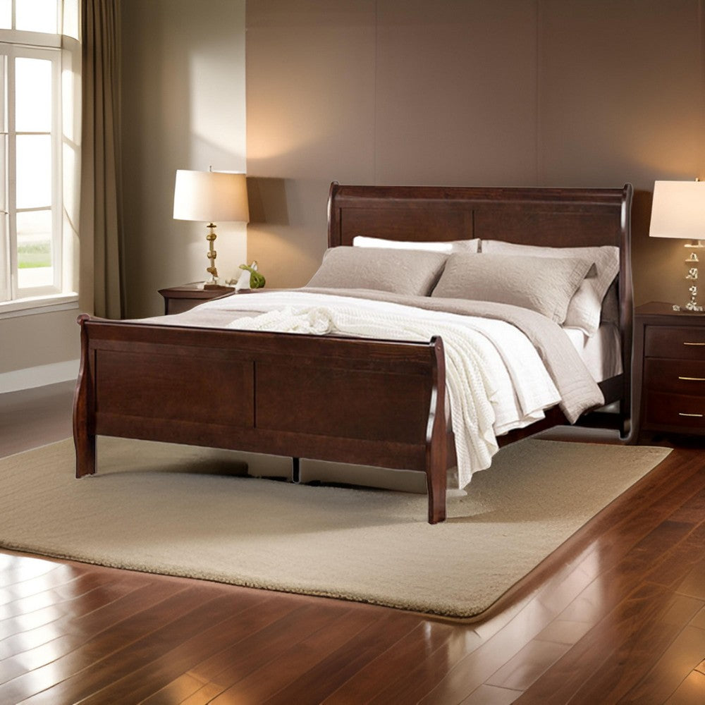 Ryla Twin Size Bed, Sleigh Panel Headboard, Dark Cherry Brown Solid Wood - BM319907