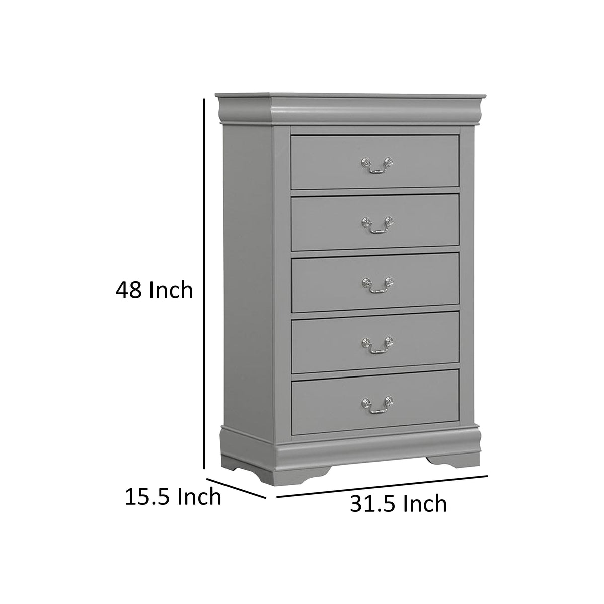 Ryla Tall Dresser Chest, 5 Drawers, Metal Handles, Light Gray Solid Wood  - BM319908