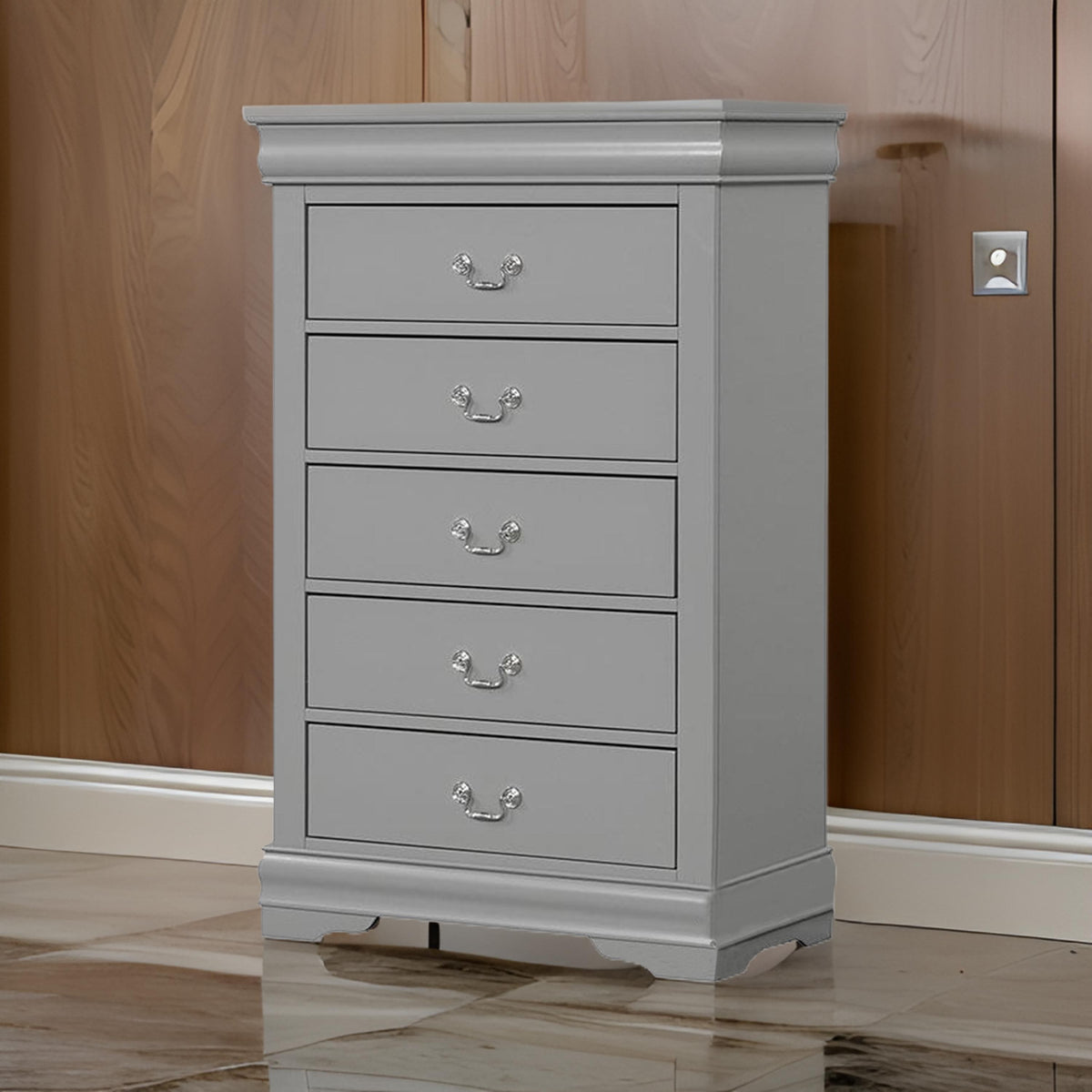 Ryla Tall Dresser Chest, 5 Drawers, Metal Handles, Light Gray Solid Wood  - BM319908