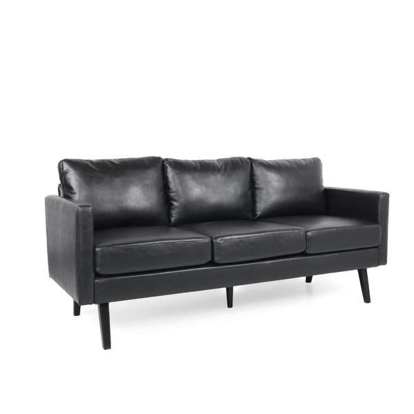 74 Inch Sofa, Black Faux Leather Upholstery, Cushioned, Retro Square Arms -BM320492