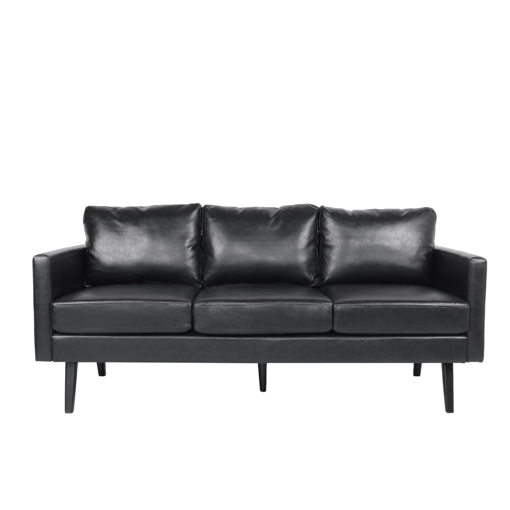 74 Inch Sofa, Black Faux Leather Upholstery, Cushioned, Retro Square Arms -BM320492