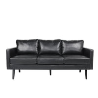 74 Inch Sofa, Black Faux Leather Upholstery, Cushioned, Retro Square Arms -BM320492