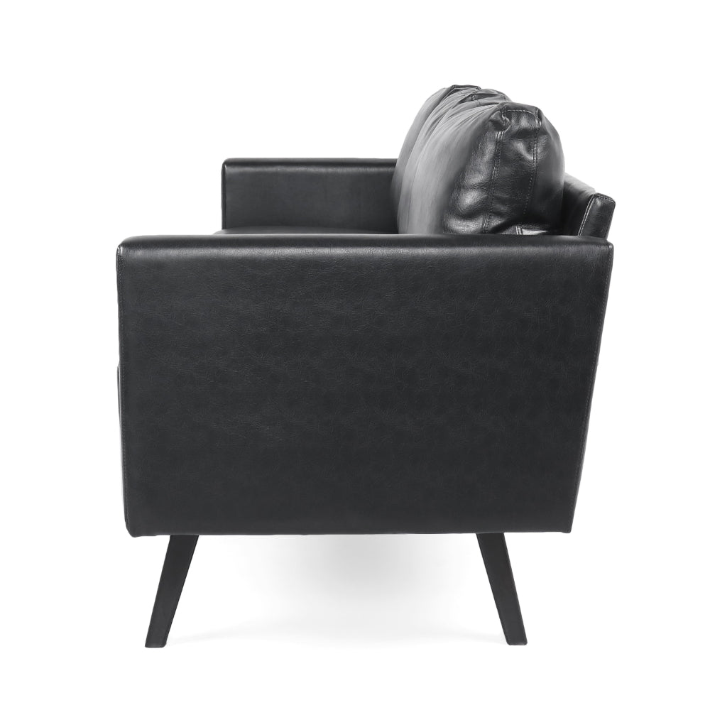 74 Inch Sofa, Black Faux Leather Upholstery, Cushioned, Retro Square Arms -BM320492