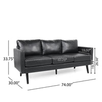 74 Inch Sofa, Black Faux Leather Upholstery, Cushioned, Retro Square Arms -BM320492