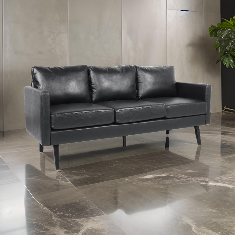 74 Inch Sofa, Black Faux Leather Upholstery, Cushioned, Retro Square Arms -BM320492