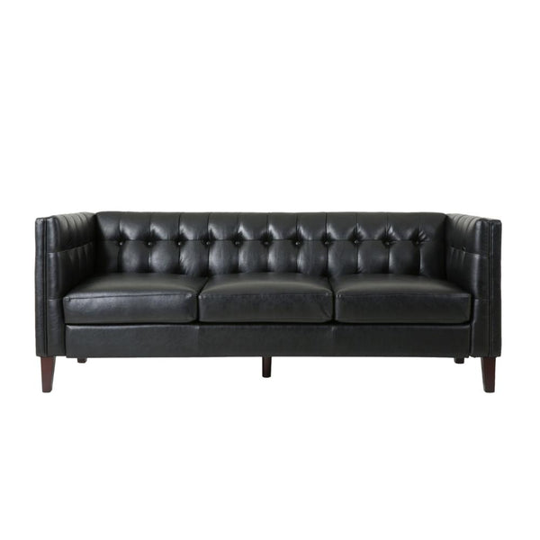 Ember Sofa, 76 Inch, Chesterfield Tufted Soft Black Faux Leather Upholstery -BM320502
