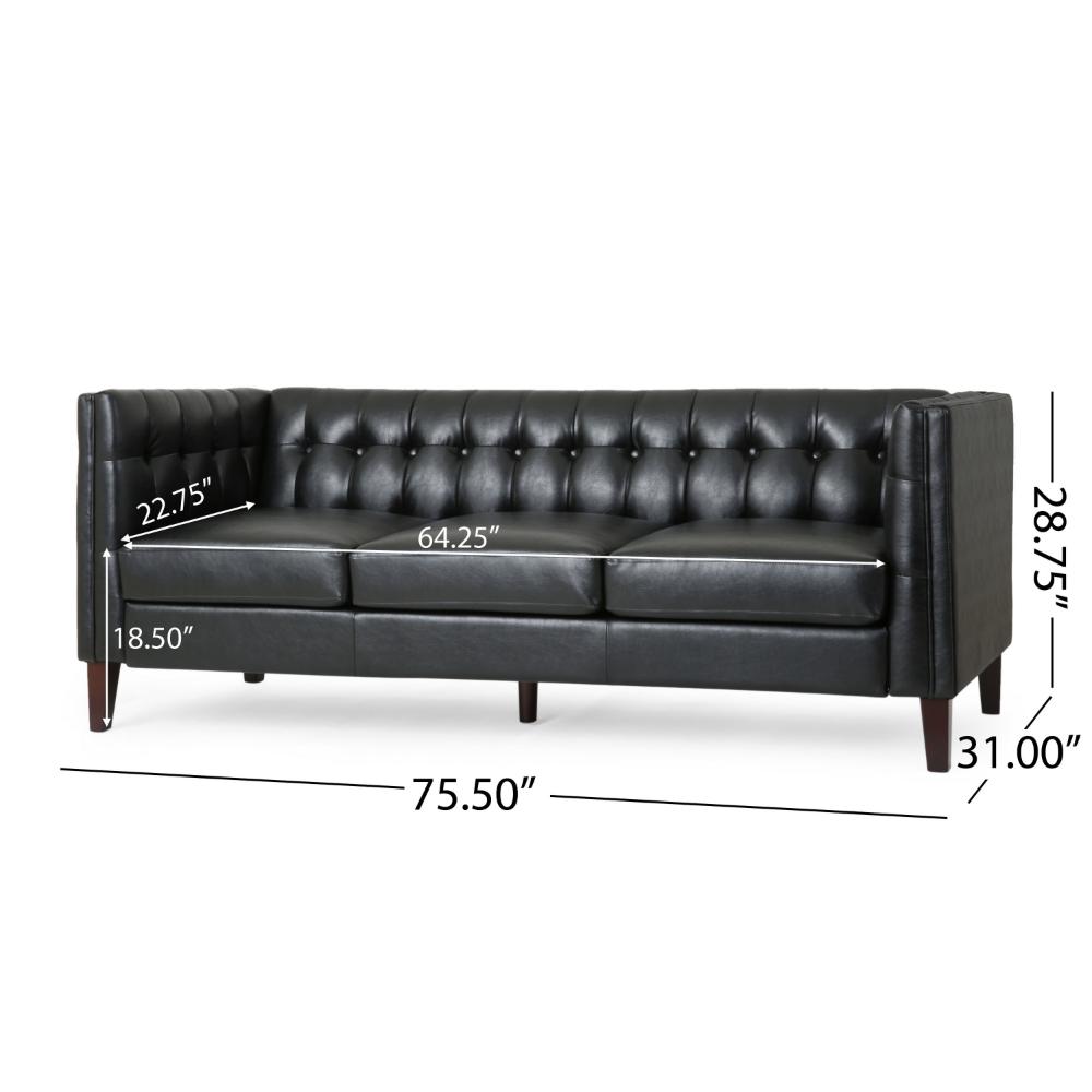 Ember Sofa, 76 Inch, Chesterfield Tufted Soft Black Faux Leather Upholstery -BM320502
