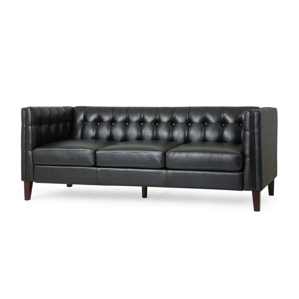 Ember Sofa, 76 Inch, Chesterfield Tufted Soft Black Faux Leather Upholstery