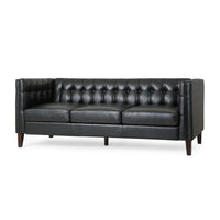 Ember Sofa, 76 Inch, Chesterfield Tufted Soft Black Faux Leather Upholstery