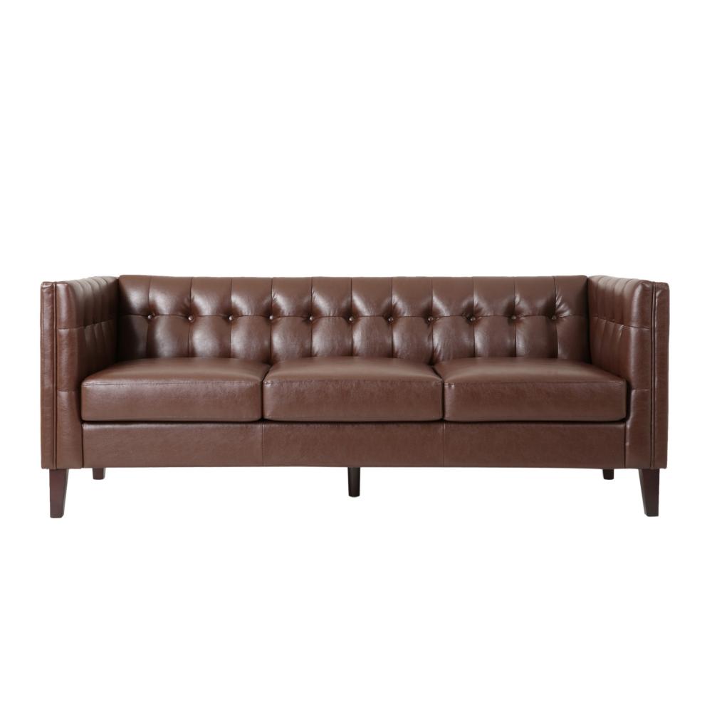 Ember Sofa, 76 Inch, Chesterfield Tufted Dark Brown Faux Leather Upholstery -BM320511