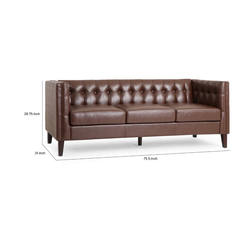 Ember Sofa, 76 Inch, Chesterfield Tufted Dark Brown Faux Leather Upholstery -BM320511